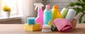 Cleaning set with products and tools on kitchen table Royalty Free Stock Photo