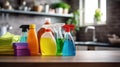 Cleaning set with products and tools on kitchen table. Cleaning services Royalty Free Stock Photo