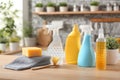 Cleaning set with products and tools on kitchen table Royalty Free Stock Photo