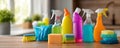 Cleaning set with products and tools on kitchen table Royalty Free Stock Photo