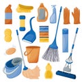 Cleaning. A set of tools for cleaning the house, isolated on a white background. Detergents and disinfectants, mops, buckets,