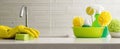 The cleaning setup with gloves, sponges, and eco-friendly tools for a sparkling kitchen. AI generated image Royalty Free Stock Photo