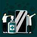 Cleaning smartphone screen with alcohol. Sanitize your phone. Disinfectant spray. Illustration vector