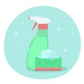 Cleaning spray and sponge with bubbles. Disinfection concept vector