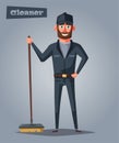 Cleaning staff character with equipment. Cartoon vector illustration.