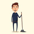 Cleaning staff character with equipment. Cartoon vector illustration.