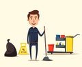 Cleaning staff character with equipment. Cartoon vector illustration.