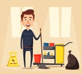 Cleaning staff character with equipment. Cartoon vector illustration.