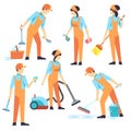 Cleaning staff in different positions. Vector illustration