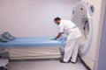 Cleaning staff performing disinfection and hygiene work in hospital facilities