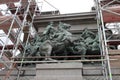 Cleaning the statue of Tsar Osvoboditel , monument of King Liberator - Russian king Alexander II , built in 1907 year, in Sofia