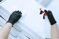 Cleaning sterilization, medical dental unit in a dental clinic, operating medical facility.Medical worker in protective gloves