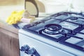 Cleaning the stove after cooking. Gas burner without burning gas. Safe use of gas equipment. Selective focus. Close up Royalty Free Stock Photo