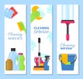 Cleaning supplies banner vector illustration. Home clean tools. Brush,bucket, window wipes and chemicals tool. Broom
