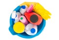 Cleaning supplies in blue bucket Royalty Free Stock Photo