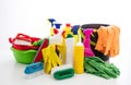 Cleaning supplies and bucket isolated against white background