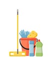 Cleaning supplies in flat cartoon style vector illustration isolated on white background. Mop, sponge, detergent, bucket, brush.