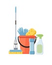 Cleaning supplies in flat cartoon style vector illustration isolated on white background. Royalty Free Stock Photo