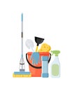 Cleaning supplies in flat cartoon style vector illustration isolated on white background. Mop, sponge, detergent, bucket, brush.
