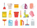 Cleaning supplies. Home clean tools. Brush, bucket window wipes and chemicals tool vector isolated set Royalty Free Stock Photo