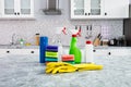 Cleaning Supplies On The Kitchen Countertop