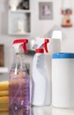 Cleaning supplies. Plastic detergent bottles. Royalty Free Stock Photo
