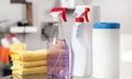 Cleaning supplies. Plastic detergent bottles. Royalty Free Stock Photo