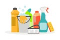 Cleaning supplies Cleaning service with various cleaning tools flat vector illustration Royalty Free Stock Photo