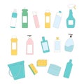 Cleaning supplies set with bucket and sponges isolated on white background. Vector flat illustration Royalty Free Stock Photo