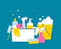 Cleaning supplies with sponge, brush, bucket and detergent bottles. Royalty Free Stock Photo