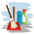 Cleaning supplies with spray broom dustpan