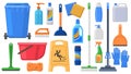 Cleaning supplies, tools, household chemicals and cleaning solutions. Household detergents, trash can, mop, gloves and Royalty Free Stock Photo