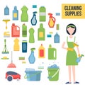 Cleaning supplies and woman staff service flat icons set.