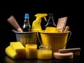Cleaning supplies in a yellow bucket on a black background