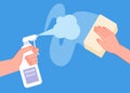 Cleaning surface. Clean table, wipe sanitise or disinfect desk. Hand holding spray, utter antibacterial hygiene service Royalty Free Stock Photo