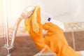 Cleaning tap from limescale bathroom sink close-up Royalty Free Stock Photo