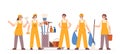 Cleaning team young characters. Cleat service staff, cute cartoon workers with broom, bucket, waste bags and sponge