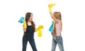 Cleaning their home naturally. Little cleaning ladies. Adorable children providing domestic cleaning with sprayers and