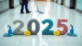Cleaning-themed 2025 numbers made from microfiber material. AI generation Royalty Free Stock Photo
