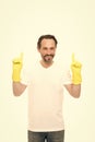 Cleaning tips. Bearded guy cleaning home. Bearded worker. On guard of cleanliness. Cleaning service and household duty