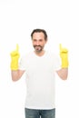 Cleaning tips. Bearded guy cleaning home. Bearded worker. On guard of cleanliness. Cleaning service and household duty Royalty Free Stock Photo