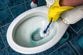 Cleaning toilet bowl using brush and detergent Royalty Free Stock Photo