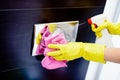 Cleaning toilet flush button Royalty Free Stock Photo