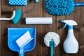 Cleaning tools blue background Royalty Free Stock Photo