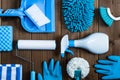 Cleaning tools blue background Royalty Free Stock Photo