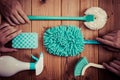 Cleaning tools blue background Royalty Free Stock Photo