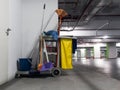 Cleaning tools cart wait for cleaning.Bucket and set of cleaning equipment in the office Royalty Free Stock Photo