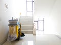 Cleaning tools cart wait for cleaner.Bucket and set of cleaning equipment in the office. janitor service janitorial for your place Royalty Free Stock Photo