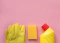 Cleaning tools. cleaning equipment in yellow and red colors.Top view with copy space