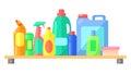 Cleaning tools, collection of bottles or containers with detergent for washing or cleaning interior Royalty Free Stock Photo